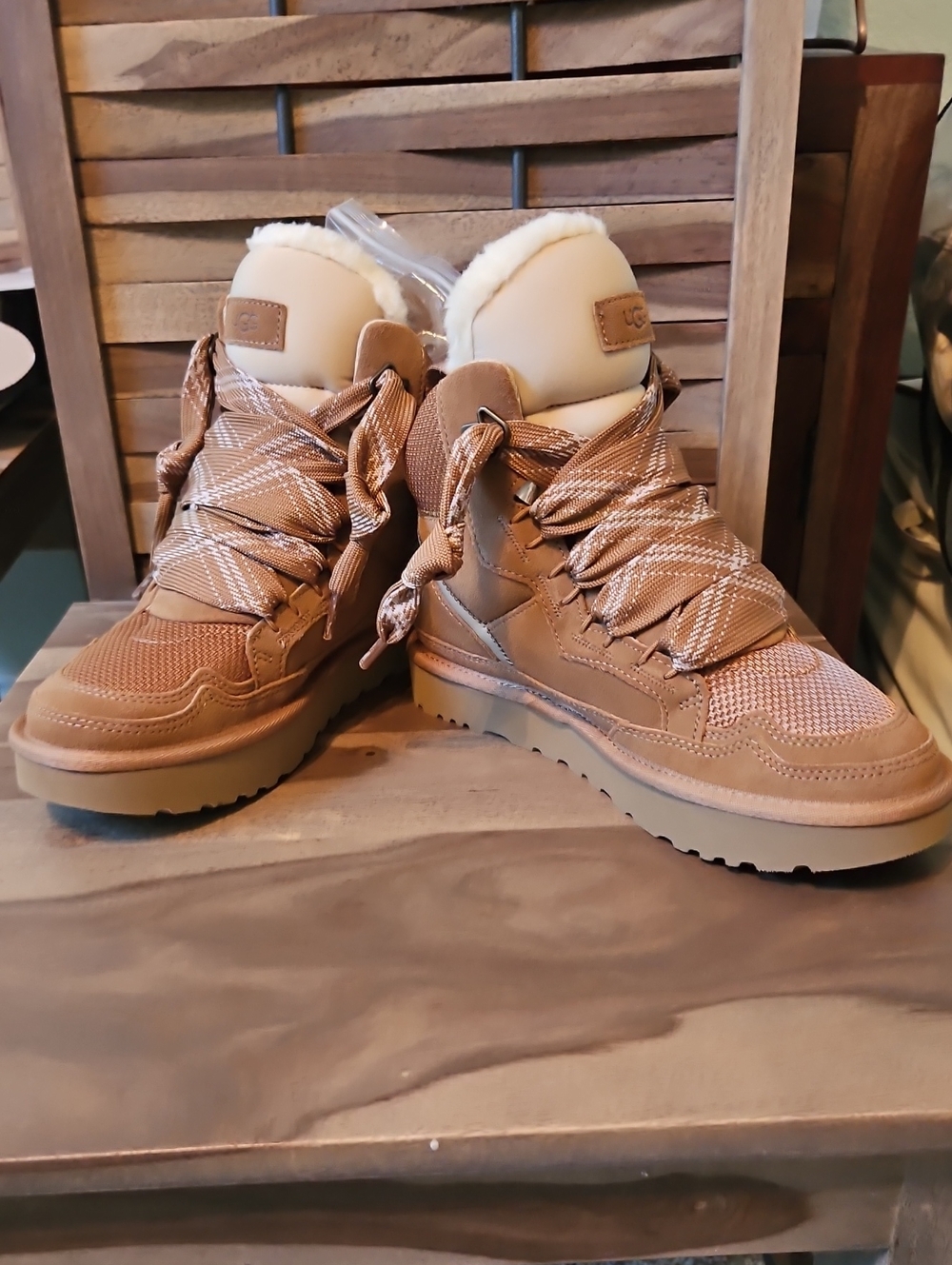UGG Women's Lowmel Sneaker Booties. Chestnut Lace-Up Shearling-Trim